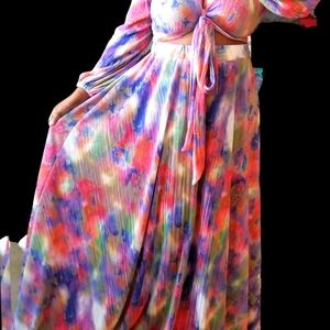 Pleated Tie Dye Maxi Skirt Set